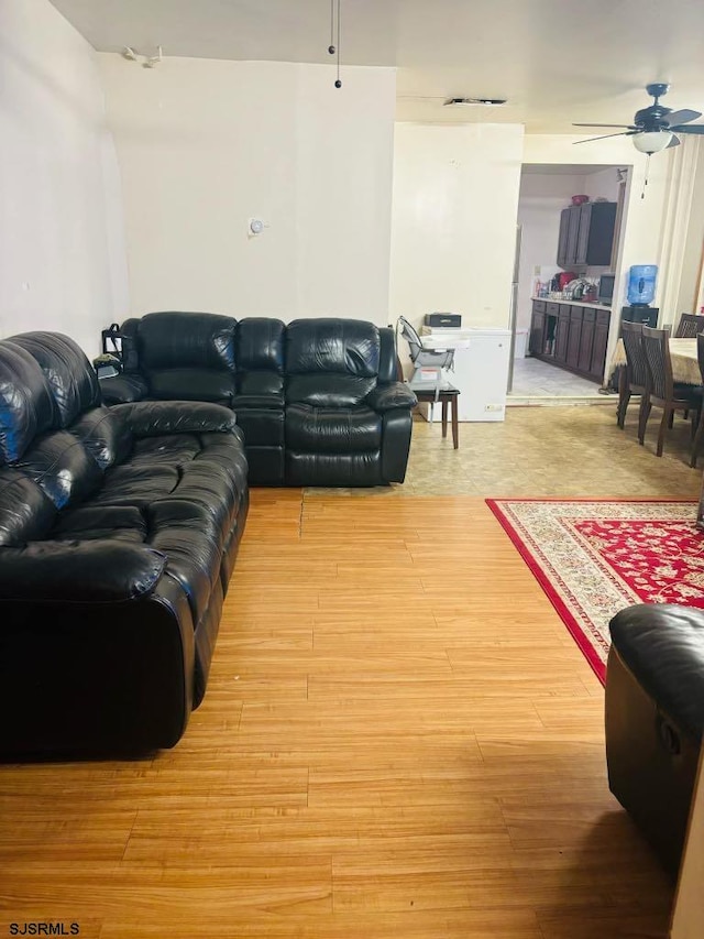 living room with ceiling fan and wood-type flooring