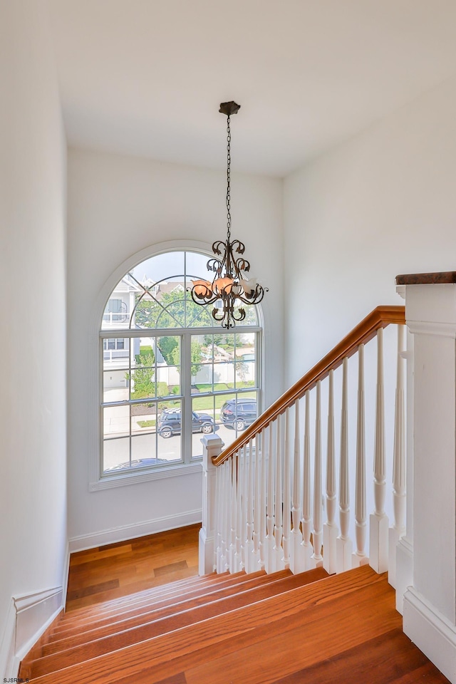 stairs with hardwood / wood-style floors and an inviting chandelier