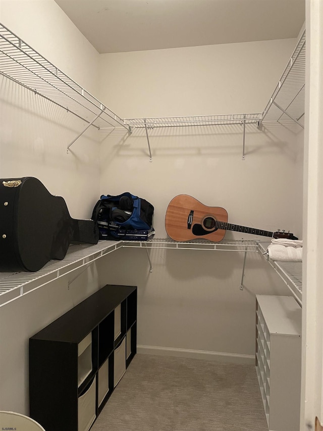 walk in closet with light colored carpet