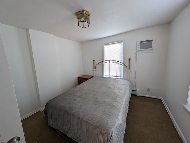 carpeted bedroom featuring a wall mounted AC and a baseboard heating unit