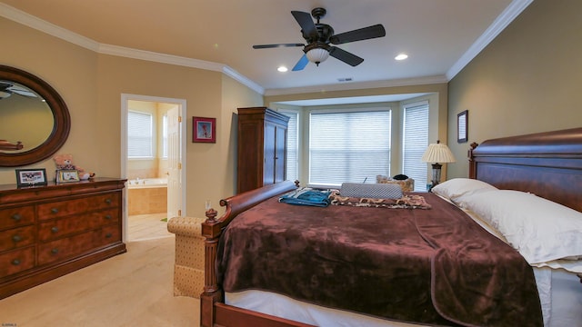 carpeted bedroom featuring ensuite bath, ceiling fan, and ornamental molding