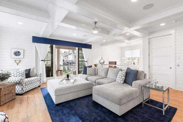 living room featuring wood-type flooring, wooden walls, and coffered ceiling