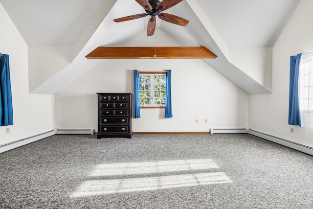 additional living space featuring carpet, lofted ceiling with beams, ceiling fan, and a baseboard heating unit