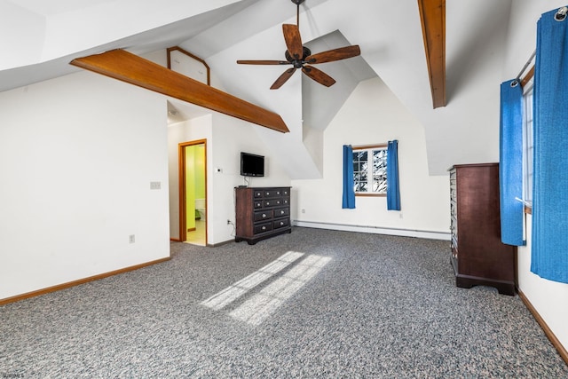 unfurnished living room with dark carpet, high vaulted ceiling, ceiling fan, a baseboard radiator, and beam ceiling