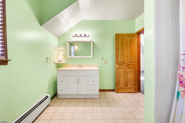 bathroom with walk in shower, baseboard heating, tile patterned flooring, lofted ceiling, and vanity