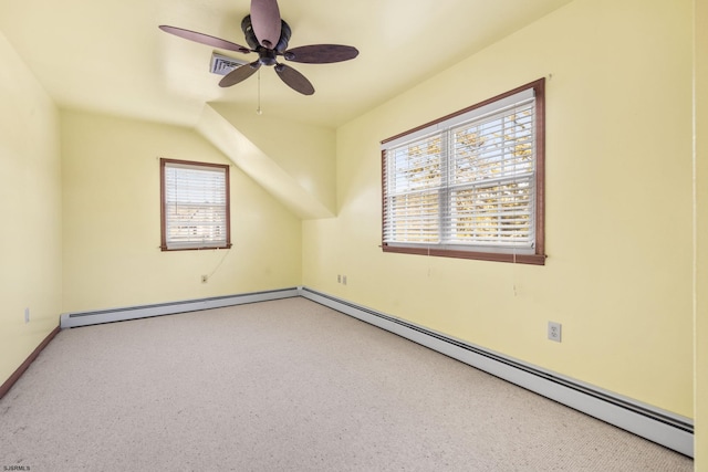 bonus room featuring ceiling fan, carpet floors, baseboard heating, and vaulted ceiling