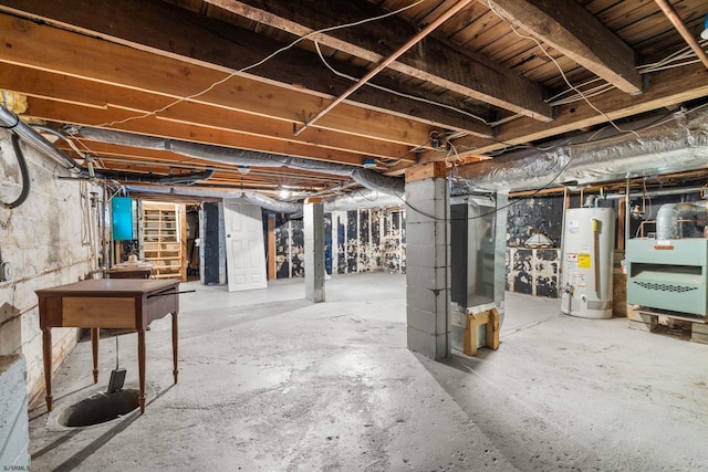 basement with heating unit and water heater