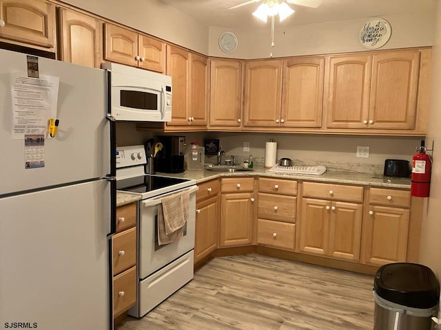 kitchen featuring white appliances, sink, light brown cabinetry, and light hardwood / wood-style flooring