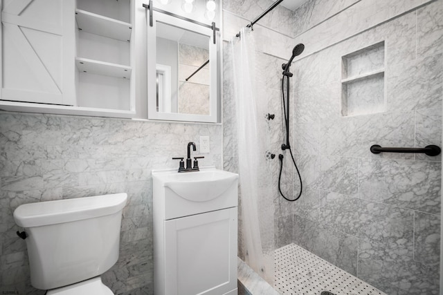 bathroom featuring a shower with curtain, toilet, tile walls, and vanity