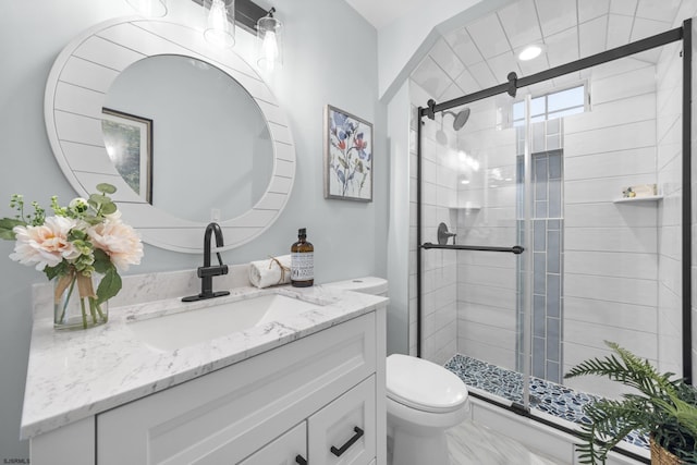 bathroom with vanity, toilet, and an enclosed shower