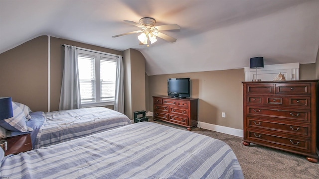 carpeted bedroom featuring ceiling fan and lofted ceiling