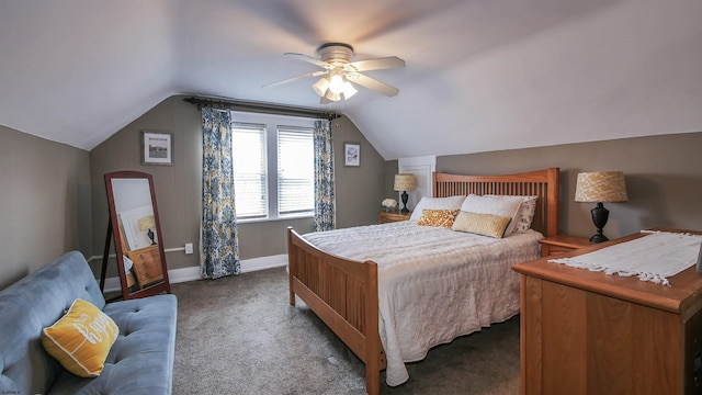 carpeted bedroom with ceiling fan and vaulted ceiling