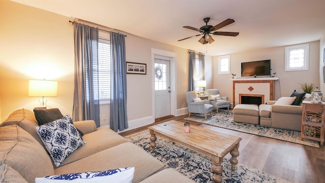 living room with ceiling fan and hardwood / wood-style flooring