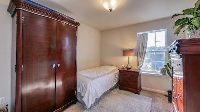 bedroom with light carpet