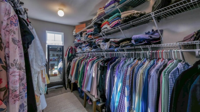 walk in closet with carpet flooring