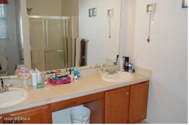 bathroom with vanity, radiator heating unit, and walk in shower