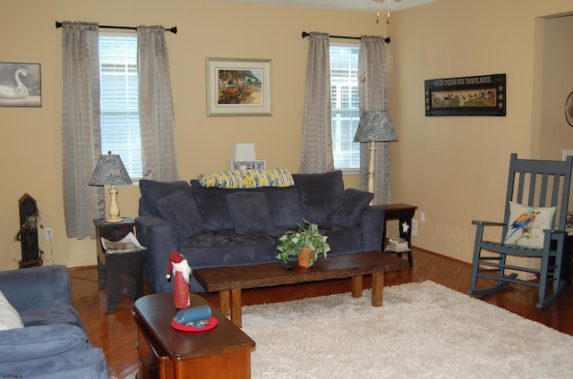 living room with dark hardwood / wood-style flooring and plenty of natural light