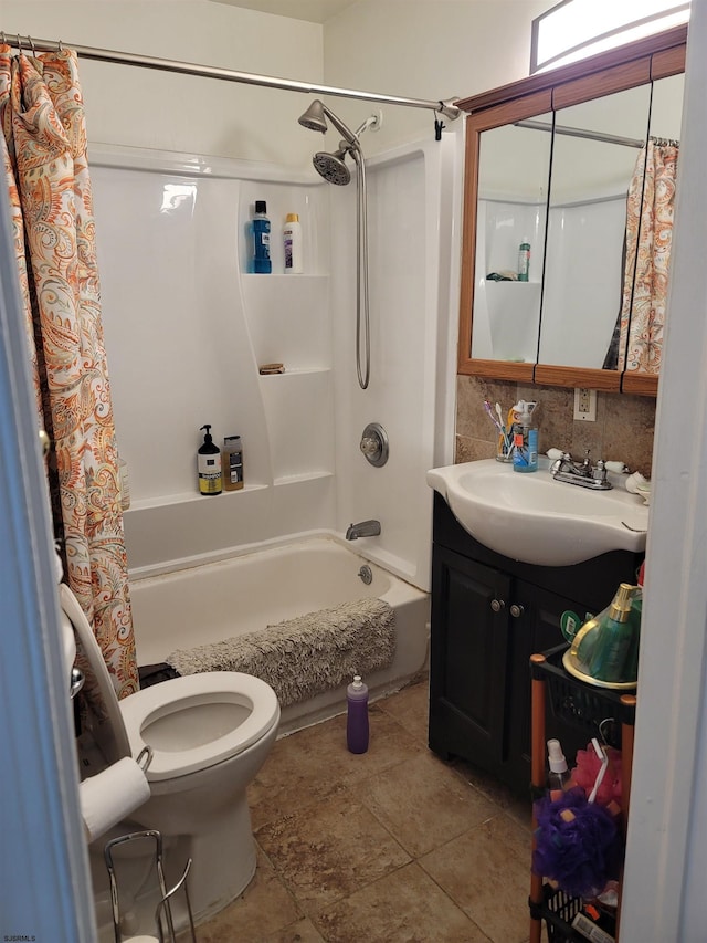 full bathroom with toilet, vanity, and shower / bathtub combination with curtain