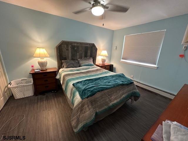 bedroom featuring dark hardwood / wood-style flooring, a baseboard radiator, and ceiling fan