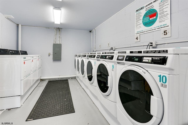 washroom with washer and dryer and electric panel