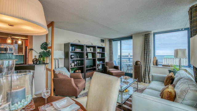 living room with a textured ceiling, hardwood / wood-style flooring, and expansive windows