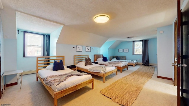 carpeted bedroom with lofted ceiling and a textured ceiling