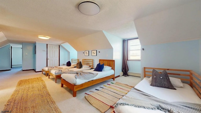 carpeted bedroom featuring a textured ceiling, a baseboard radiator, and vaulted ceiling