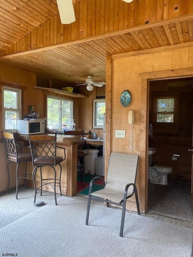 interior space with vaulted ceiling, wood ceiling, a wealth of natural light, and ceiling fan