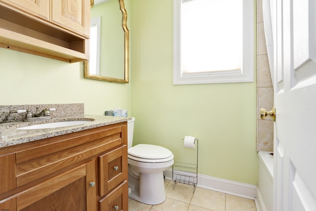 full bathroom with tile patterned floors, vanity, tub / shower combination, and toilet