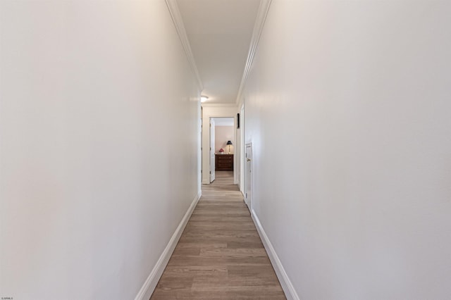 corridor with light hardwood / wood-style floors and ornamental molding