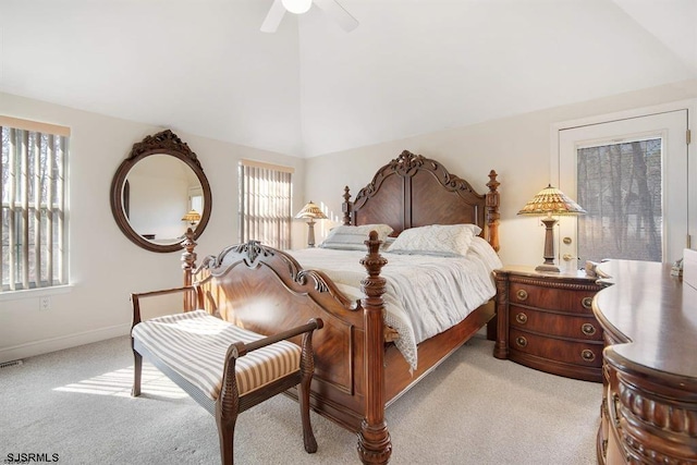 bedroom with light carpet, ceiling fan, and lofted ceiling