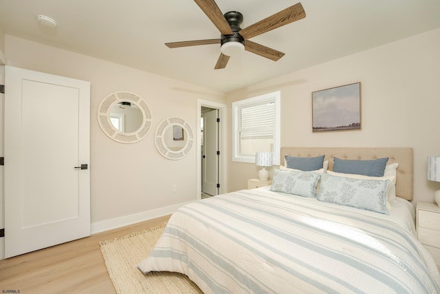 bedroom with ceiling fan and light wood-type flooring