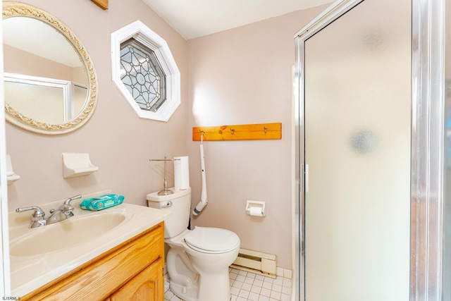 bathroom with a baseboard radiator, tile patterned floors, toilet, vanity, and a shower with shower door