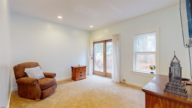 sitting room with light colored carpet