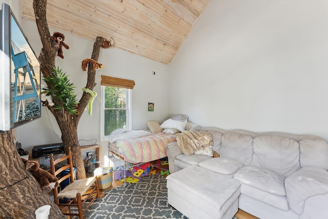 bedroom featuring wood ceiling and high vaulted ceiling