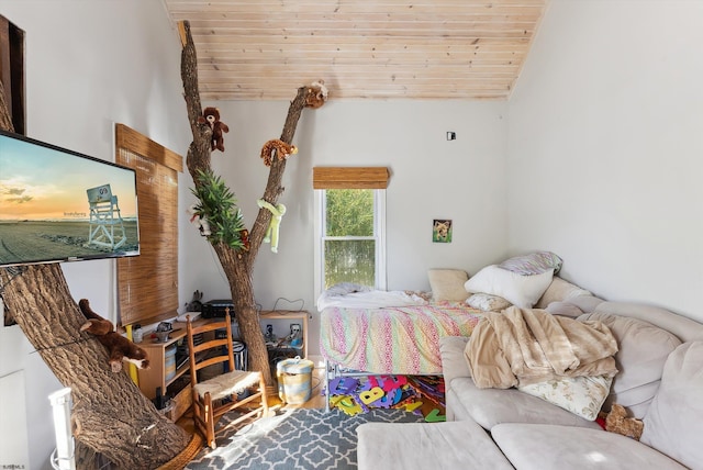 bedroom featuring wooden ceiling and lofted ceiling