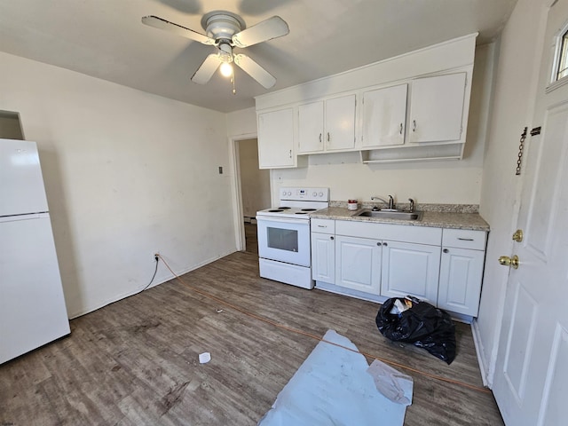 kitchen with white appliances, dark wood-type flooring, sink, ceiling fan, and white cabinetry