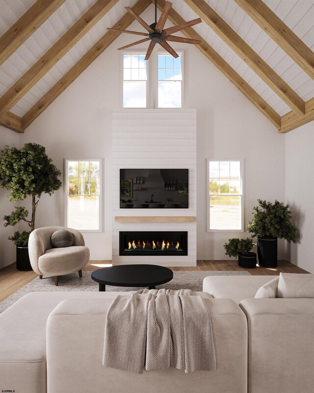 living room with hardwood / wood-style flooring, beam ceiling, and high vaulted ceiling