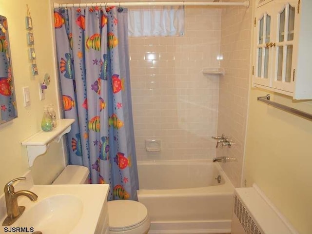 full bathroom with toilet, radiator heating unit, vanity, and shower / tub combo with curtain