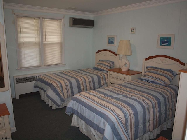 bedroom with radiator heating unit, crown molding, and an AC wall unit