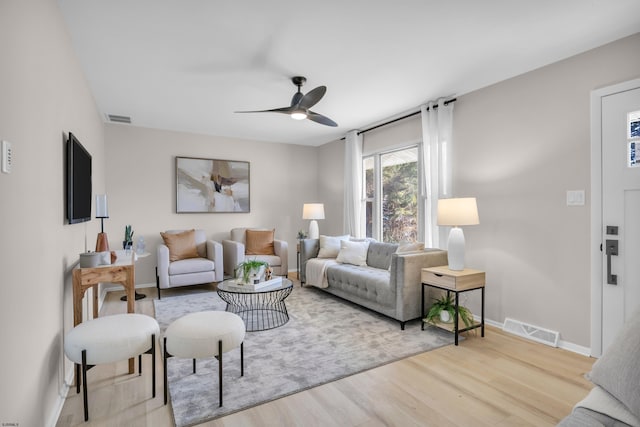 living room featuring ceiling fan and light wood-type flooring