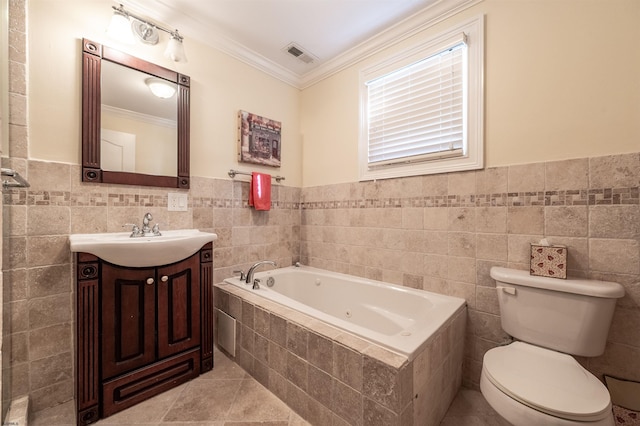 bathroom with vanity, a relaxing tiled tub, tile walls, and crown molding