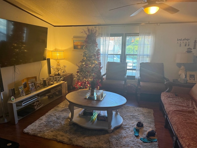 living room with ceiling fan and dark hardwood / wood-style floors