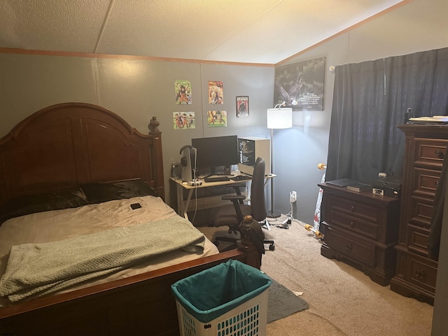 bedroom with carpet floors, vaulted ceiling, and crown molding