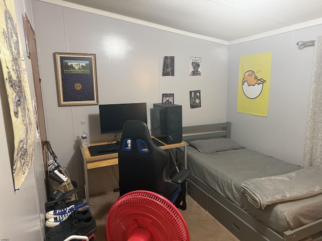 carpeted bedroom with crown molding