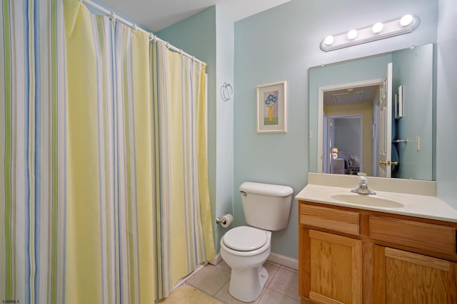 bathroom with toilet, a shower with curtain, vanity, and tile patterned floors