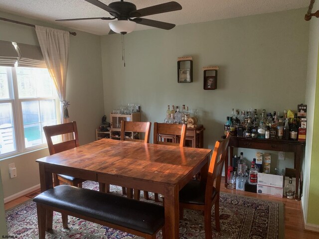 dining room with wood finished floors and ceiling fan