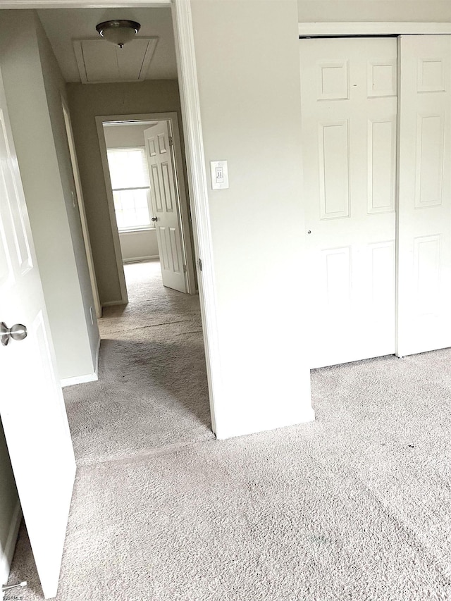 corridor featuring light colored carpet