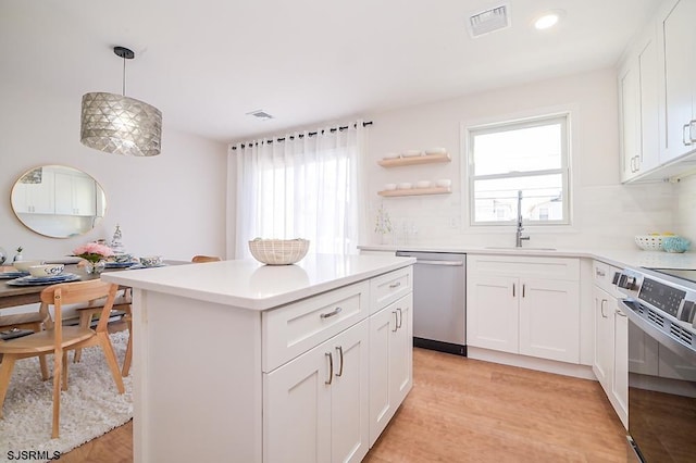 kitchen featuring decorative backsplash, stainless steel appliances, sink, pendant lighting, and white cabinetry