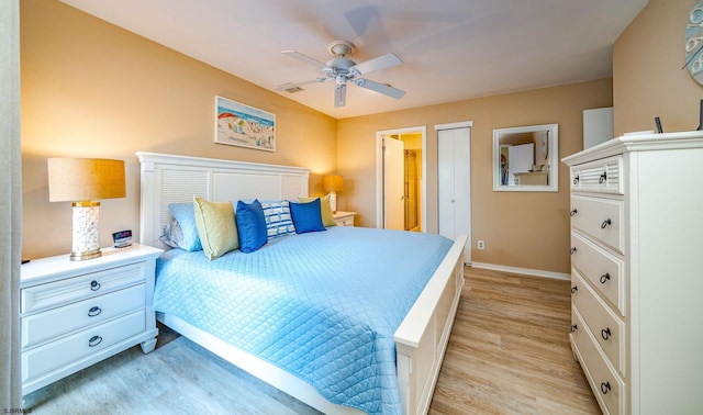 bedroom featuring ceiling fan and light hardwood / wood-style flooring